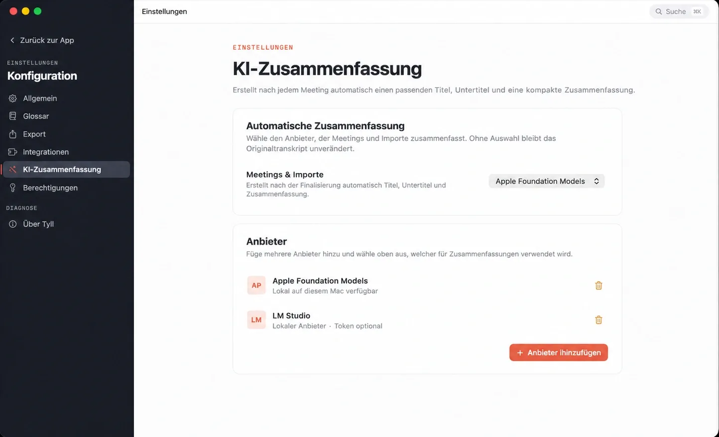 Tyll-Einstellungen für KI-Aufbereitung mit wählbaren Anbietern