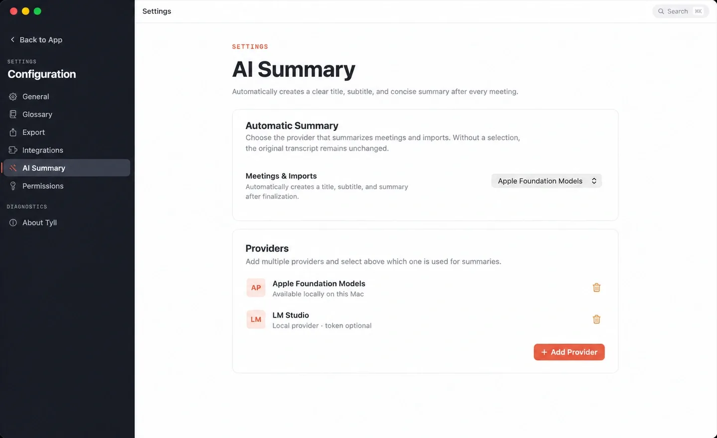 Tyll enhancement settings with selectable AI providers