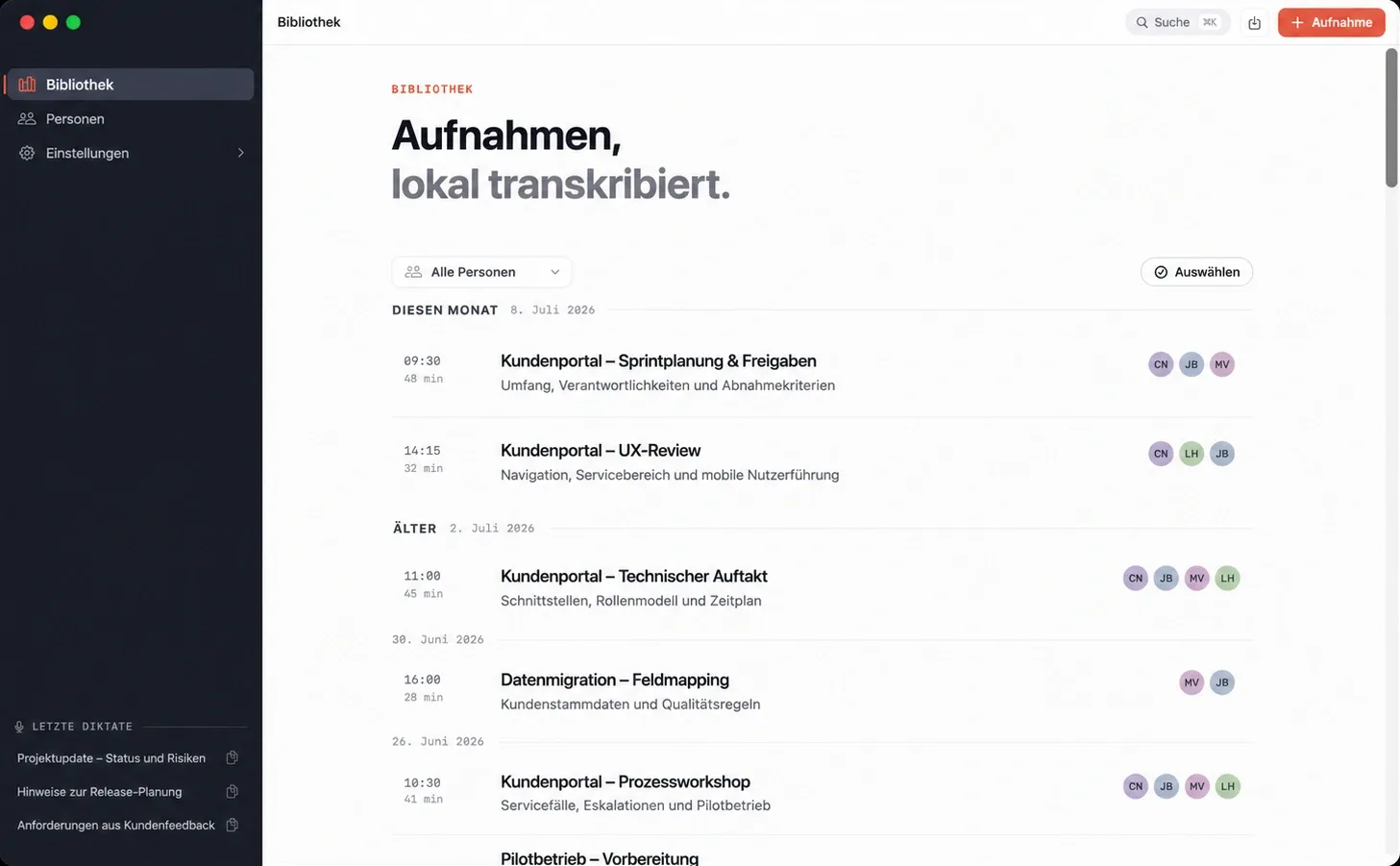 Tyll-Bibliothek mit lokal transkribierten Aufnahmen
