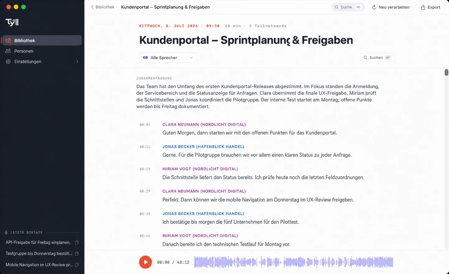 Tyll-Meeting-Ansicht mit Transkript, Sprecher-Zuordnung und Zeitstempeln