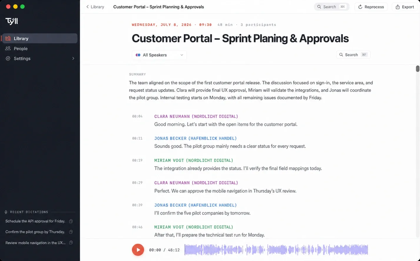 Tyll meeting view with transcript, speaker attribution and timestamps