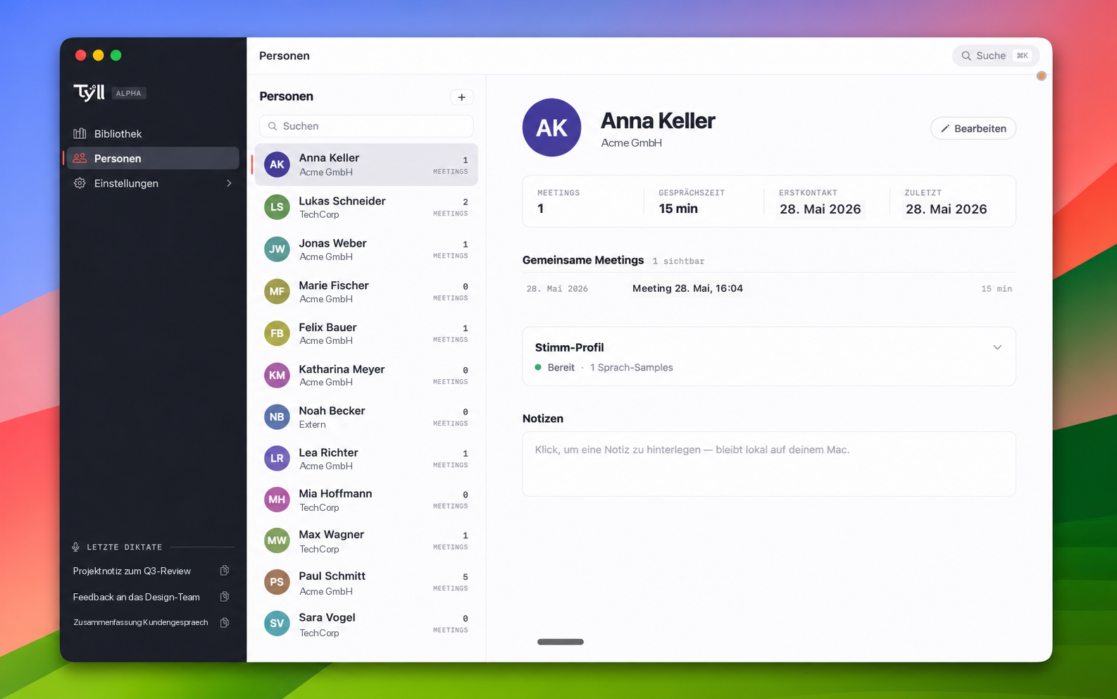 Tyll people directory with reusable voice profiles